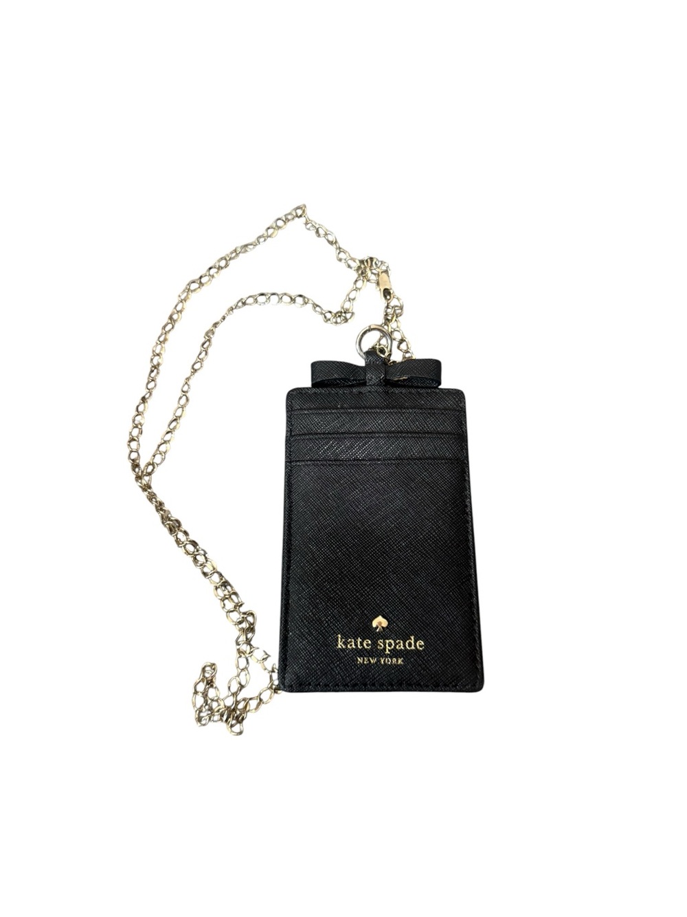 kate spade Black Saffiano Cardholder with Gold Chain and Bow Detail
